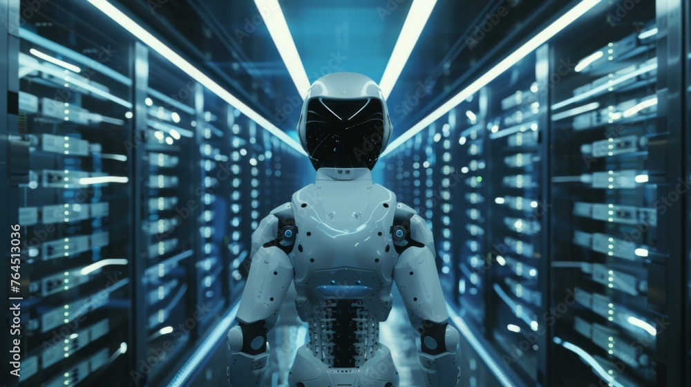 A humanoid robot stands in the center of a futuristic data center lined with servers, representing the integration of advanced robotics and big data processing in a technologically advanced society. A humanoid robot stands in the center of a futuristic data center lined with servers, representing the integration of advanced robotics and big data processing in a technologically advanced society.