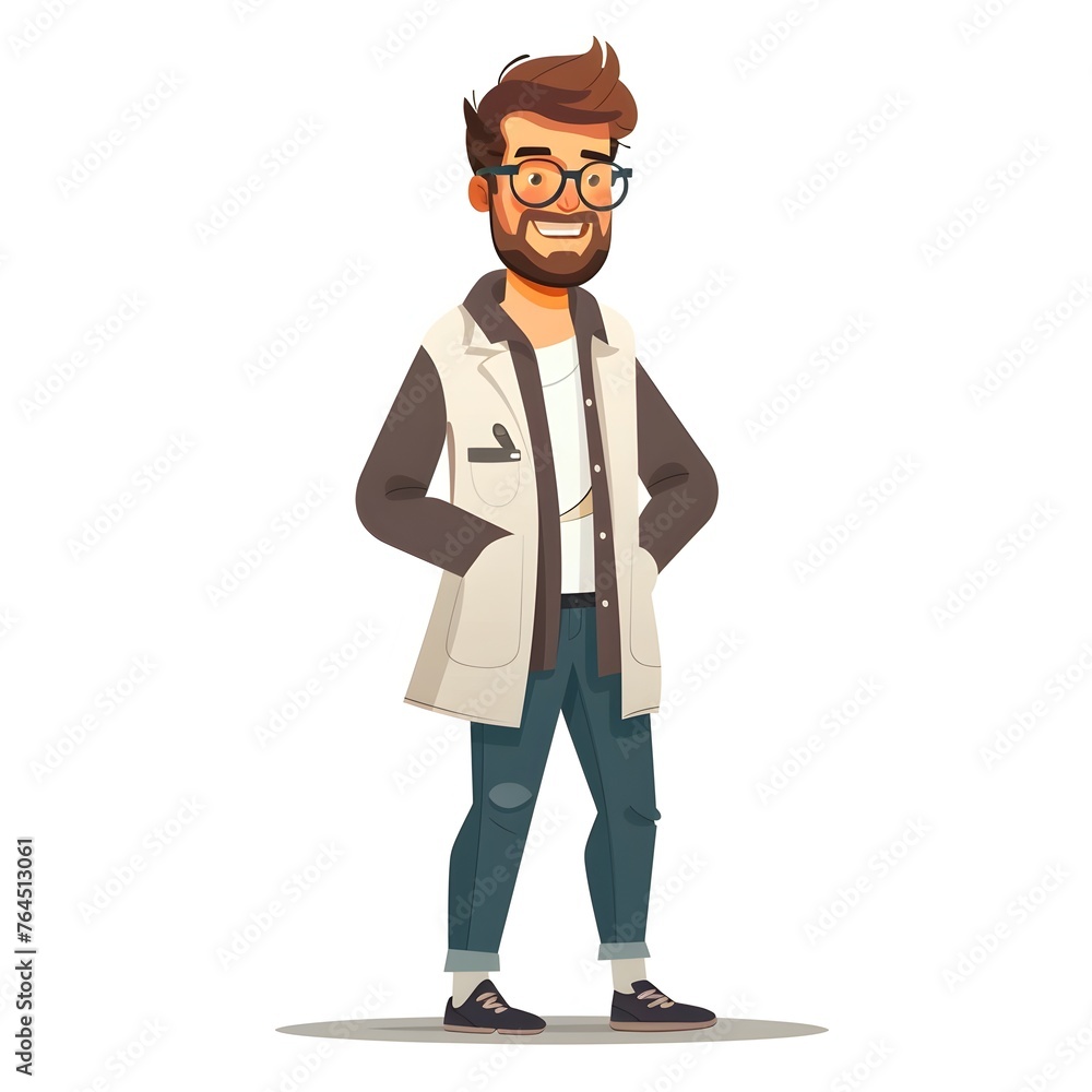 Cheerful Researcher in Casual Attire: Cartoon of a Bearded Man in a White Jacket Cheerful Researcher in Casual Attire: Cartoon of a Bearded Man in a White Jacket