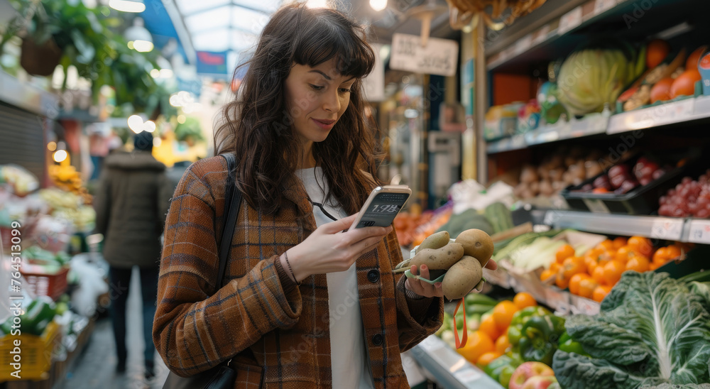 A woman is shopping at the farmers market, holding her phone in one hand and carrying fresh produce wrapped in brown paper in the other hand.