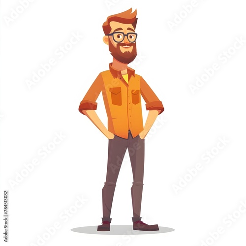 Cheerful Big Data Specialist in Flat Design Casual Man with Glasses and Beard in Orange Shirt and Grey Jeans