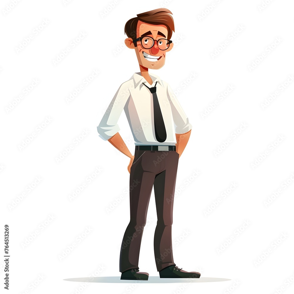 Obraz premium Cheerful Insurance Expert in Cartoon Style: A Confident Office Worker Wearing Glasses and Business Casual Attire