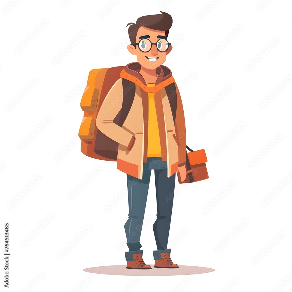 Cheerful Education Enthusiast in Casual Attire and Brown Backpack: on White Background