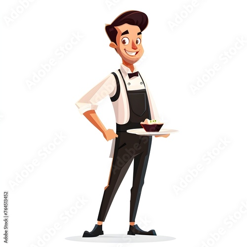 Elegant Young Waiter Radiating Warmth and Professionalism with Smiling Face and Food Tray in Cartoon Style Flat Design