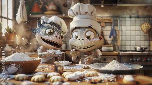 Two playful animated dinosaur characters enjoy baking together in a warm, well-equipped kitchen setting.