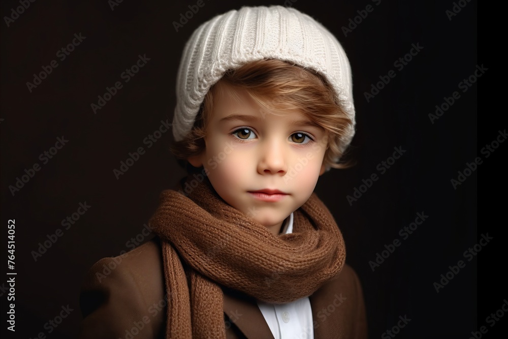 portrait of a little boy in a hat and scarf on a black background portrait of a little boy in a hat and scarf on a black background