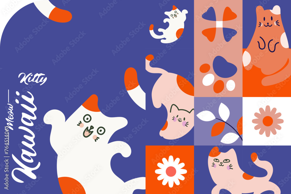 Fototapeta premium Kawaii Cats vector illustration Smiling Kitty, cute and round-faced cat