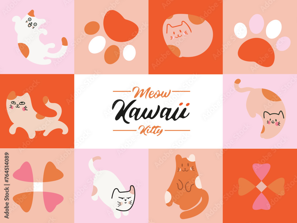 Kawaii Cats vector illustration  Smiling Kitty, cute and round-faced cat