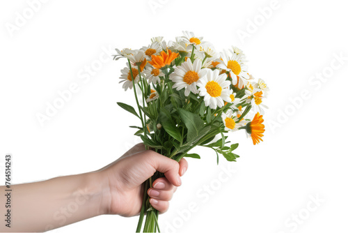 A close-up and realistic photo of a bouquet in a hand, isolated white background...