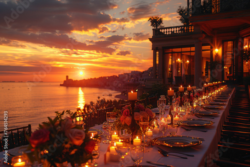 A long table set for an elegant evening party on the seafront of La Jhouette in Bellaoli, Italy with candles and flowers. The sunset casts warm hues across the sky over iconic Italian architecture. photo