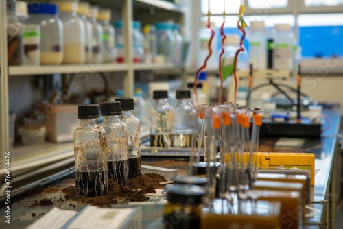 An environmental laboratory with samples of soil  water  and air being analyzed for pollutants and contaminants  Generative AI