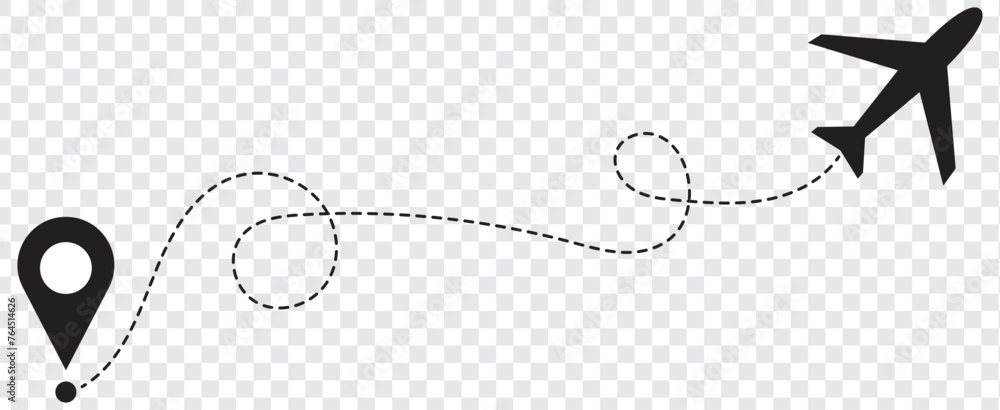 The flight path of the aircraft from the point of location along the dotted line. Flight route from a waypoint with an airplane silhouette. Vector The flight path of the aircraft from the point of location along the dotted line. Flight route from a waypoint with an airplane silhouette. Vector