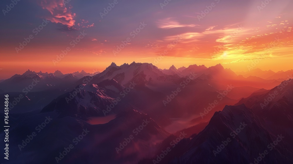 Majestic mountains silhouetted against a fiery sunset sky. The peaks are capped with snow, 