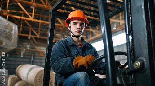 A young man works on a loader in a warehouse. He's wearing an orange hard hat