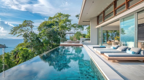 luxurious villa with floor-to-ceiling windows for panoramic ocean views. Include an infinity pool, 