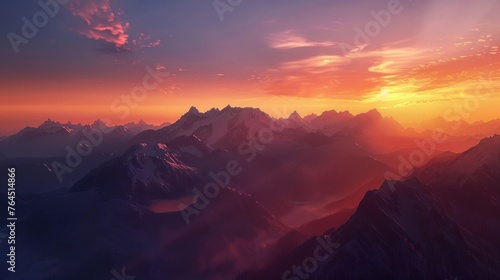 Majestic mountains silhouetted against a fiery sunset sky. The peaks are capped with snow,  © Bophe