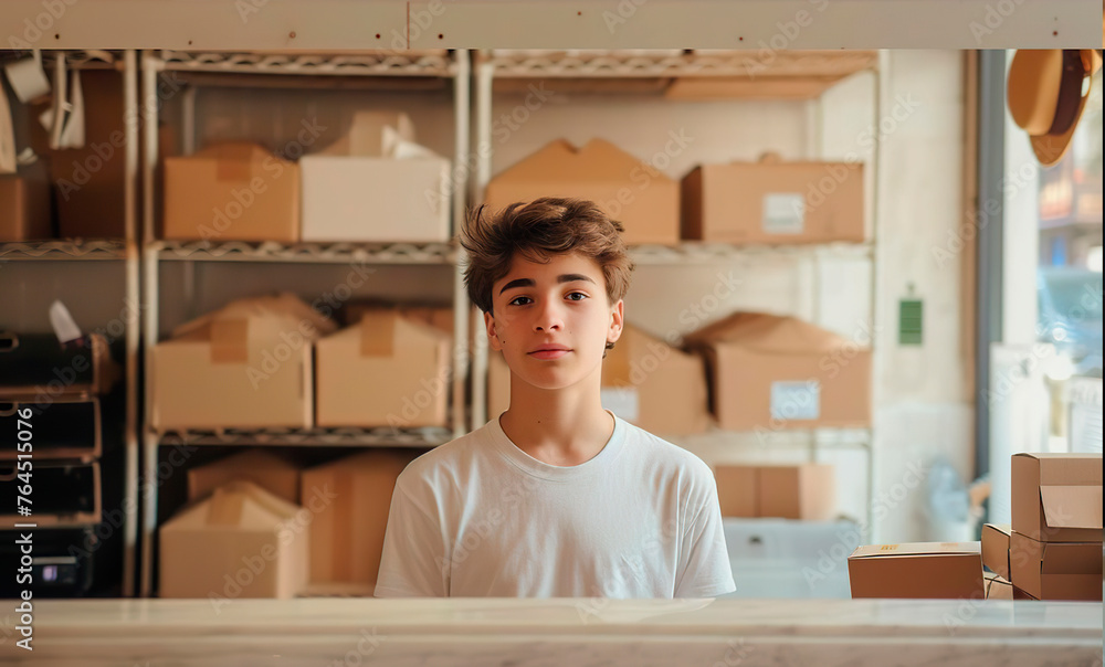 A teenage guy is standing at the counter of the post office, with a rack of boxes behind him