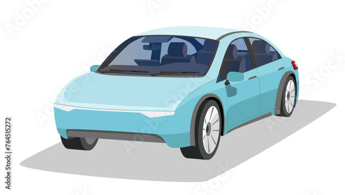Perspective view of sedan car blue electric vehicles car. Can view interior console with seat. Isolated white background.
