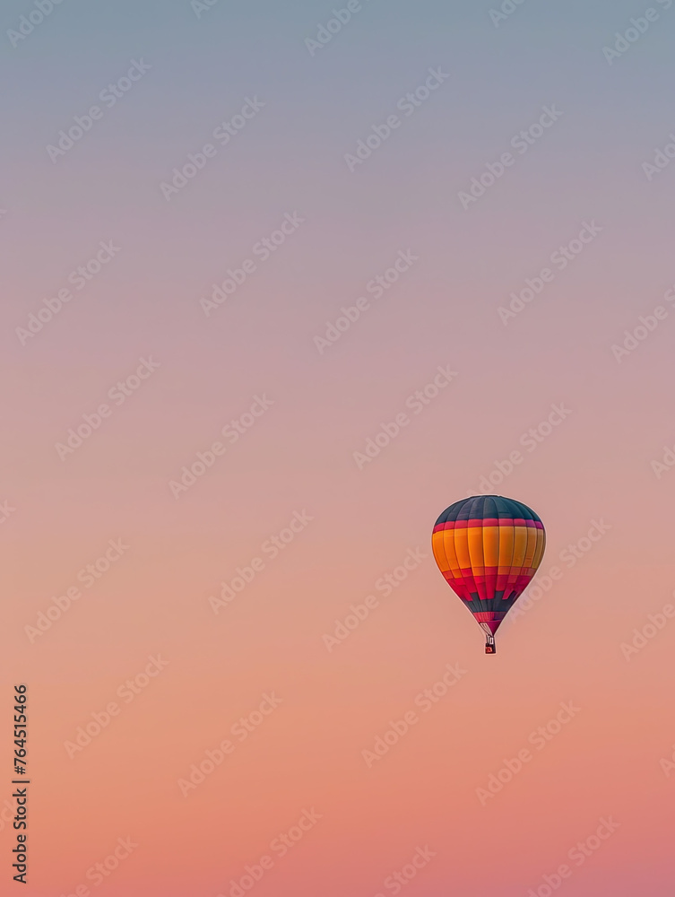 Fototapeta premium Dawn Ascension - A vivid hot air balloon rises in a tranquil dawn, its colors a stark contrast to the pastel hues of the early sky.