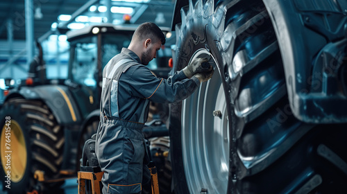 a man in a protective suit stands at a tractor in a factory