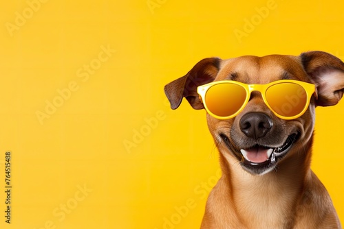 funny smile dog with sunglasses and copy space - generative ai © Nia™