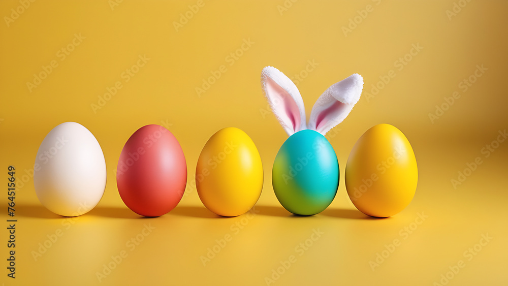 Happy Easter concept. Frame top border made of tulips spring flowers and colorful Easter eggs on light background Happy Easter concept. Frame top border made of tulips spring flowers and colorful Easter eggs on light background