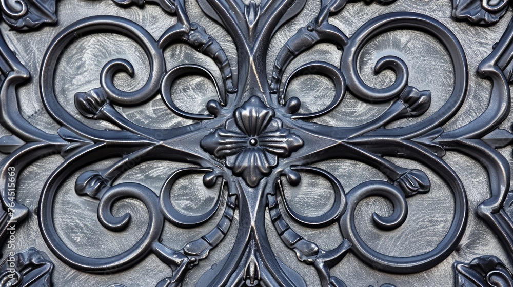 A detailed decorative grid made of wrought iron.