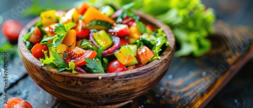 Colorful Vegetable Salad Bowl: Natural Beauty of Ingredients on Wooden Tableware with Vibrant Textures