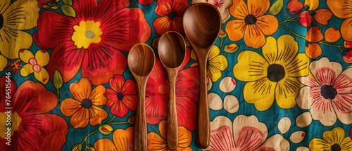 Vibrant Floral Wooden Cutlery Duo: Rustic Eco-Friendly Kitchenware for Creative Dining Table Decor