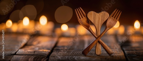 Romantic Wooden Forks Heart Shape Candlelit Dinner Table Love and Togetherness Product Photography