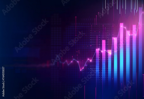 Modern Financial Tech Display: Neon Glow Bar Graph and Trading Charts on Dark Blue Gradient © Steve