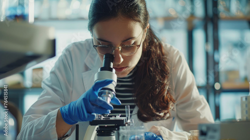 A young female scientist in a white lab coat and blue gloves is looking through a microscope. A close up shot shows her focused face with glasses on while working at a desk in the laboratory