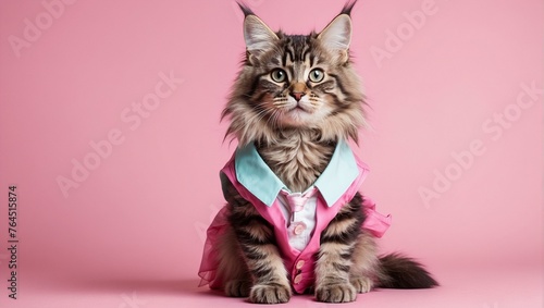 This charming Maine Coon cat wears a pink vest and fluffy tutu, ready for a gala or performance photo