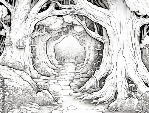 Enchanted forest pathway: mystical trees tunnel in monochrome - fantasy woodland background for coloring enthusiasts