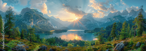 A panoramic view of the mountains and lake at sunrise, with rays piercing through clouds over an alpine meadow in front. Created with Ai