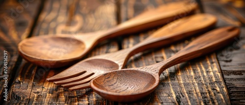 Rustic Wooden Cutlery Set: Elegant Utensils Showcase Beautiful Grain Patterns in Close-Up Product Photography