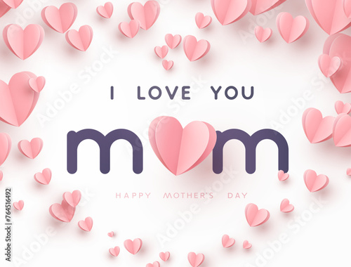 Mother's day postcard with paper flying elements and I love you mum text on light pink background. Vector symbols of love in shape of heart for greeting card design