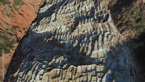 Flight Over Salinas de Maras Peru Sacred Valley Cuzco Salt Mine Stucked between Mountains, End of the Day photo