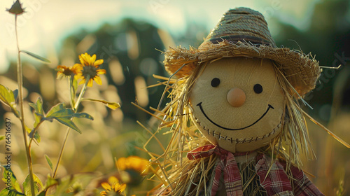 A cute scarecrow with scary smiling face wearing beautiful hat. © FDX