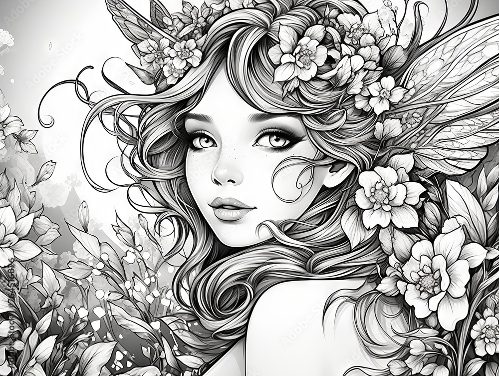 Fototapeta premium Enchanting fairy outline for creative coloring - ideal for children’s artistic activities and fantasy themes