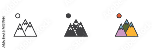 Snowy mountains and moon different style icon set