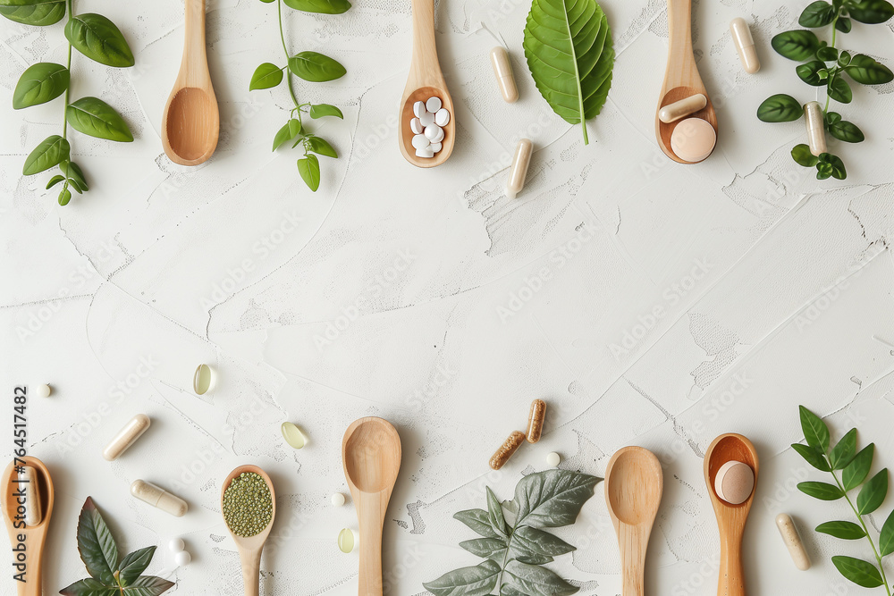 Flat lay of dietary supplements in wooden spoons, interspersed with green leaves on a textured white background, natural health and wellness. Copy space - obrazy, fototapety, plakaty 