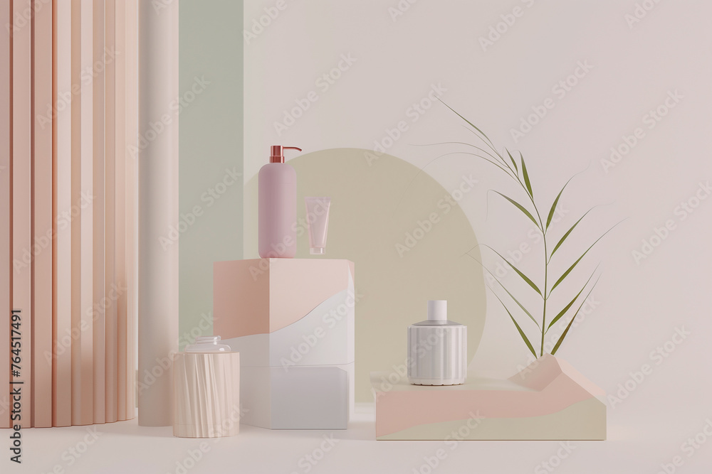 Skincare products mockup on geometric shapes and pastel colored panels, accompanied by a delicate plant, creating a soft and modern aesthetic. Skincare products mockup on geometric shapes and pastel colored panels, accompanied by a delicate plant, creating a soft and modern aesthetic.