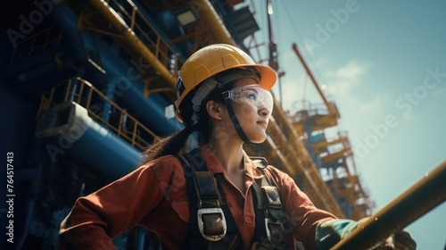 A skilled female worker carries out restoration tasks on a hydrocarbon platform in the sea on a sunny day,copy space photo