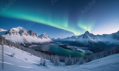 Blue winter landscape Mountains snow aurora borealis