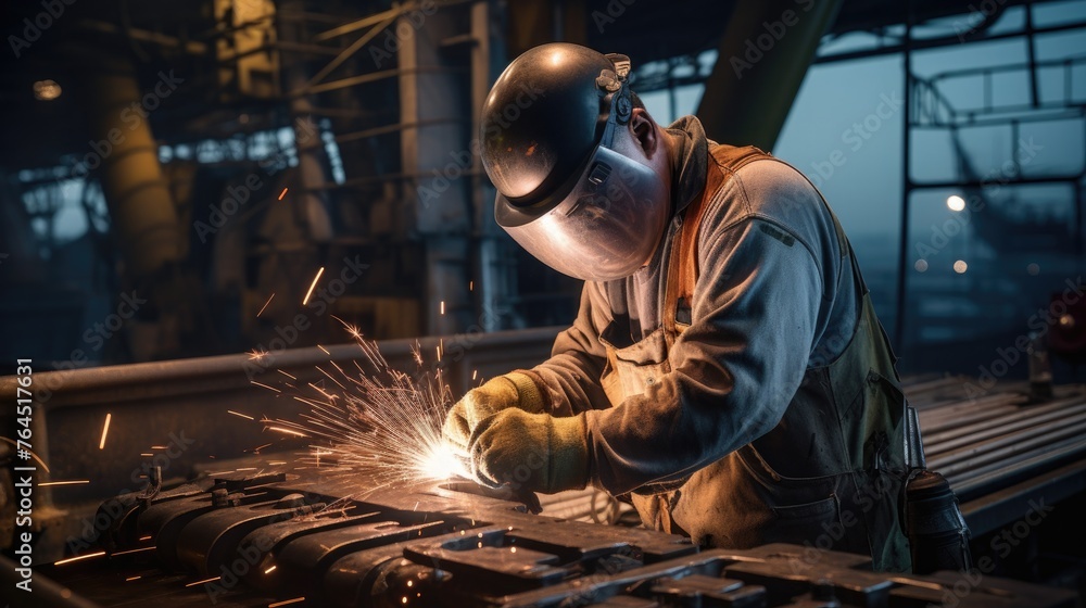 A specialized welder making maintenance improvements on a metal structure on an ocean oil platform A specialized welder making maintenance improvements on a metal structure on an ocean oil platform