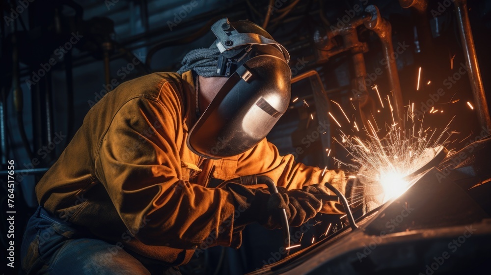 A specialized welder making maintenance improvements on a metal structure on an ocean oil platform A specialized welder making maintenance improvements on a metal structure on an ocean oil platform