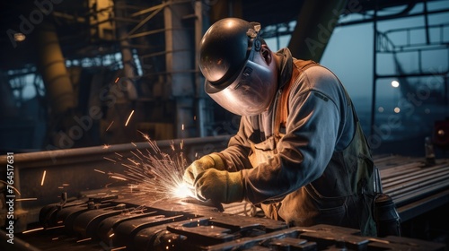 A specialized welder making maintenance improvements on a metal structure on an ocean oil platform photo