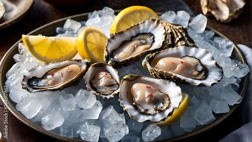 A tray of freshly shucked oysters served on a bed of ice, accompanied by lemon wedges and mignonette sauce --ar 3:2 --v 4 photo