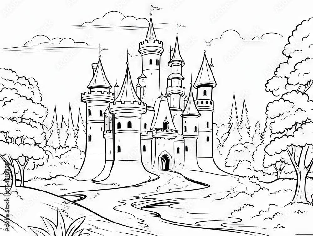 Enchanting fairytale castle coloring page for children’s activity book - interactive art game with fantasy landscape vector illustration