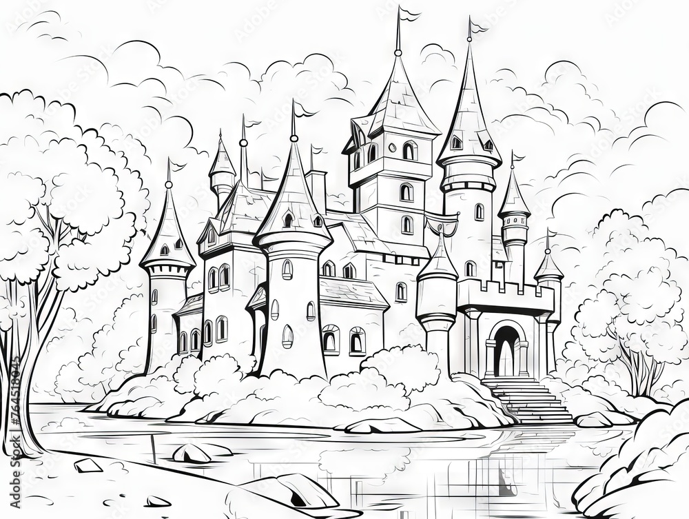 Enchanting fairytale castle coloring page for children’s activity book - interactive art game with fantasy landscape vector illustration